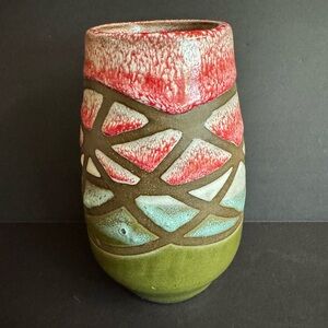 Vtg Signed Studio Red green+blue handmade Pottery with unique design.Signed S.S.
